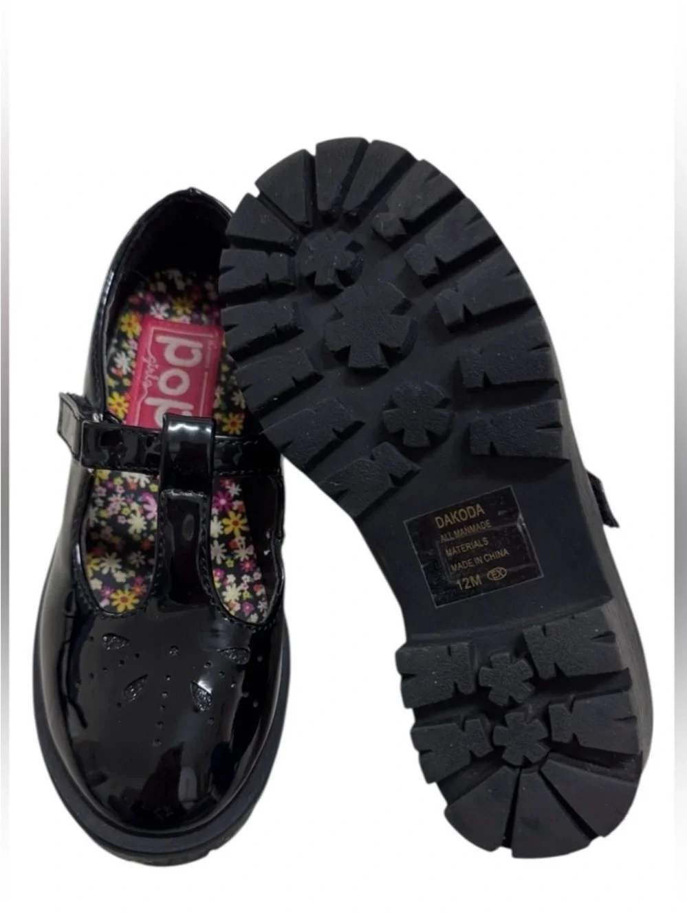 Edelman Presents POP Girls Size 12 Black Patent Leather T Strap Waffle Stompers